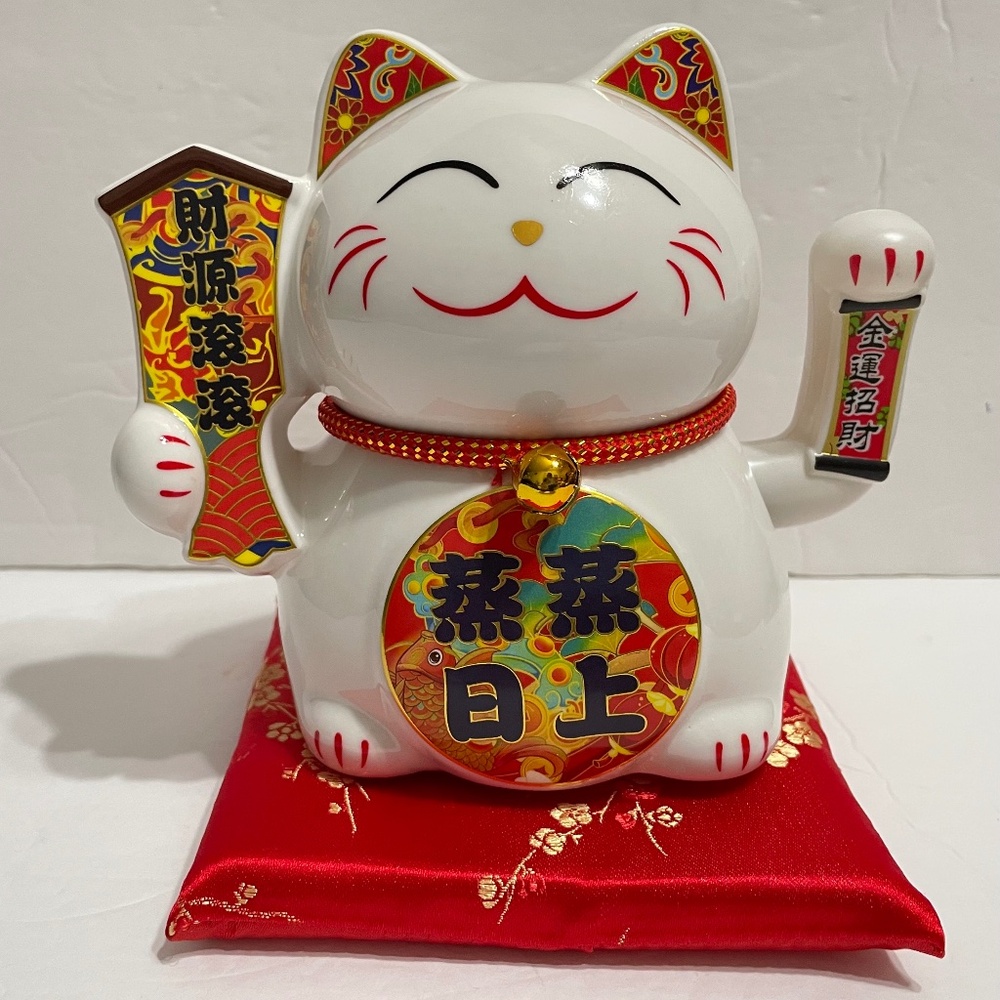 Porcelain Lucky Hands Waving Fortune Cat- 财源滚滚 White  5” Tall